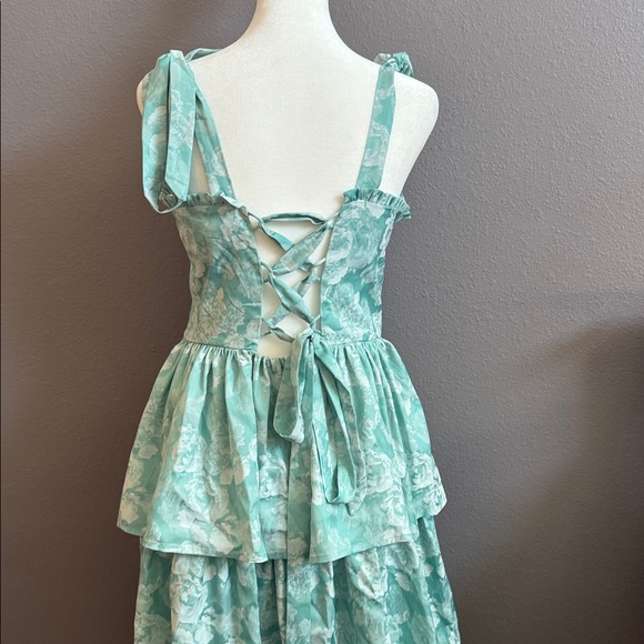 Lulus | Lovely Bliss Aqua Floral Jacquard Strapless Bustier Midi Dress Blue - Picture 2 of 10
